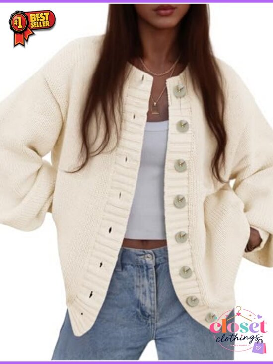 Sweaters - Chunky Ribbed Knit Button Up Cardigan Sweater Loose Fit Lantern Sleeve